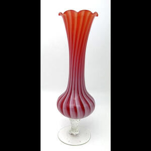 Vintage Art Glass Footed Twist Swirl Ribbon Vase White Red Ruffle Peppermint 8"H